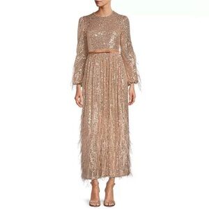 ANTONIO MELANI x Nicola Bathie Rose Gold Sequin Maxi Dress Feather Formal Size 0